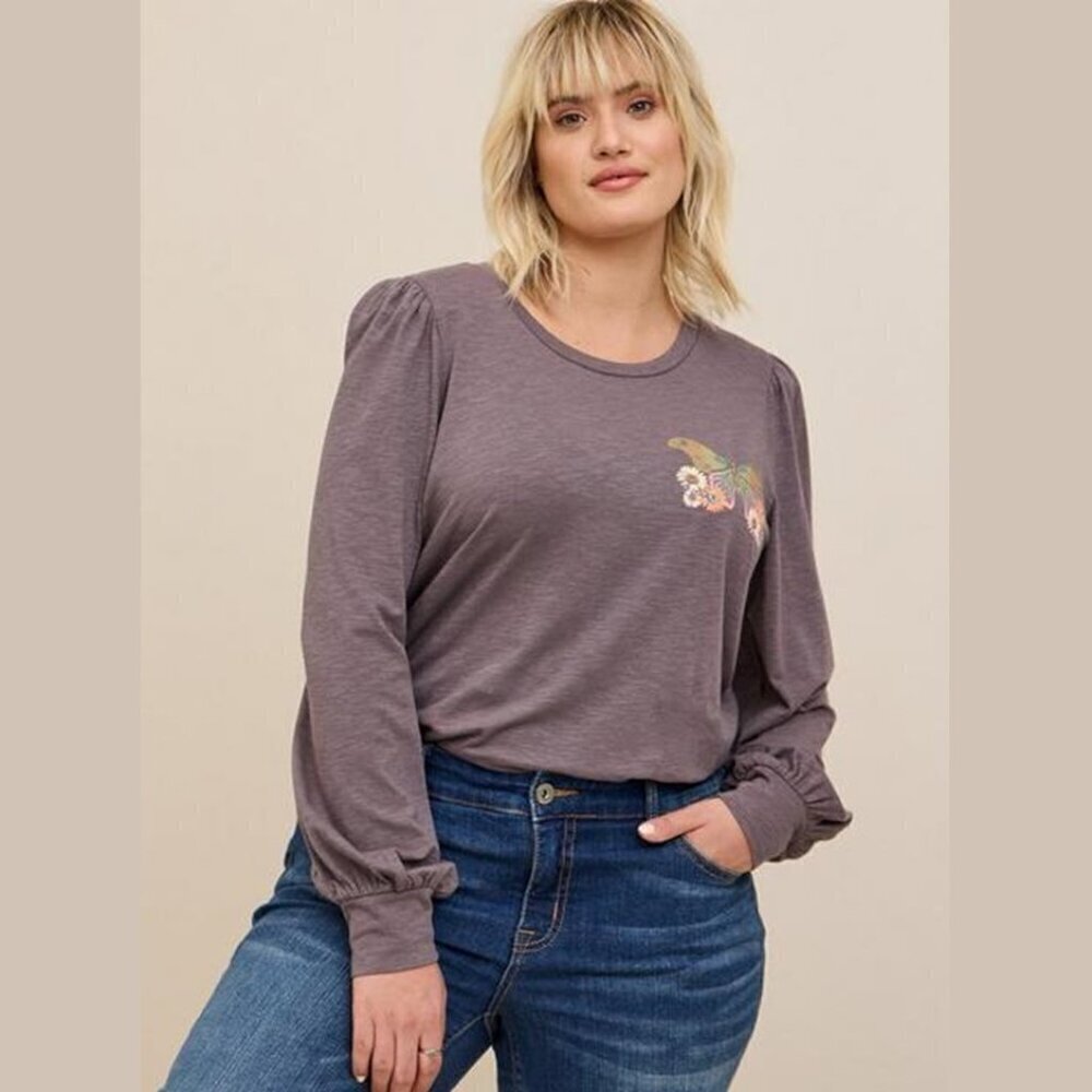 Torrid - Mystic Love Super Soft Slub Crew Neck Puff Sleeve Color Foil Top, Grey 